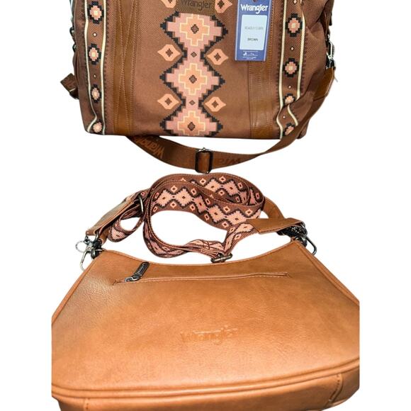 NEW Wrangler Brown Aztec Southwestern tapestry BAG SET WEEKEND DUFFLE & PURSE - Picture 9 of 15